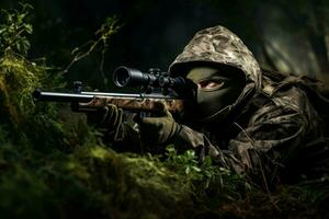 hombre vistiendo camuflaje y puntería con caza rifle en bosque. generar ai foto