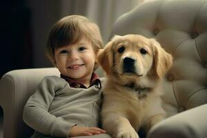 pequeño sonriente niño con linda perrito en sillón. generar ai foto