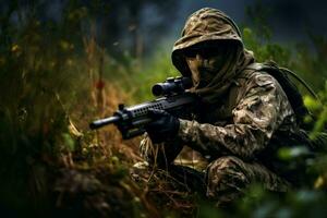 hombre vistiendo camuflaje y puntería con moderno caza rifle. generar ai foto