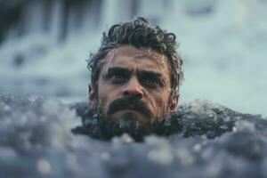 hombre inmersión en glacial agua nieve. generar ai foto