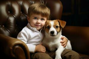 pequeño niño con linda perrito en cuero sillón. generar ai foto