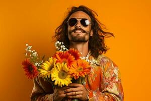 Hippie man with bouquet of colorful flowers. Generate AI photo