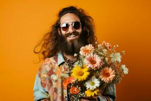 Hippie trendy man with bouquet of colorful flowers. Generate AI photo