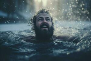 hombre inmersión en glacial agua y sonriente en invierno día. generar ai foto