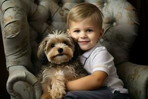 pequeño niño con linda mullido perrito en sillón. generar ai foto