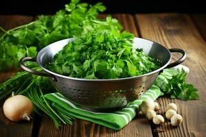 Colander with fresh parsley spices on table. Generate Ai photo