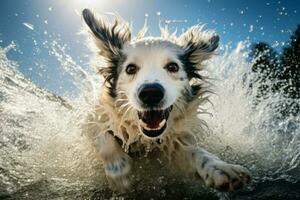 energético perro salpicaduras agua divertida. generar ai foto
