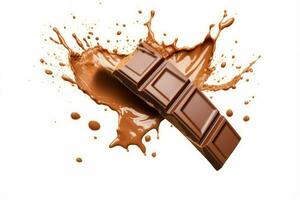 Chocolate bar broken with yummy caramel splash. Generate Ai photo