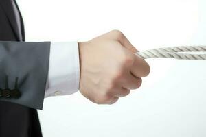 Dispute concept businessman pulling rope isolated on white. Generate Ai photo