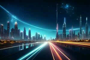 un futurista ciudad radiante, con luminoso carreteras en el oscuro ai generado foto