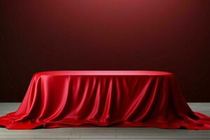 3D rendered red podium cover conceals a mysterious object with fabric texture AI Generated photo