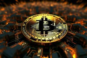 Digital currency icon Gold Bitcoin on matrix background, central to finance AI Generated photo