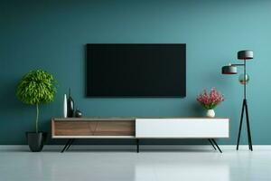 televisión descansa en un gabinete dentro un moderno azul amurallado habitación ai generado foto