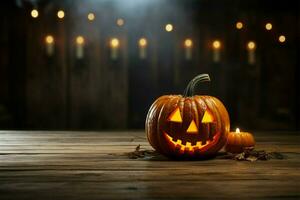 Spooky scene Wooden table, jack o lantern, space for creative displays AI Generated photo