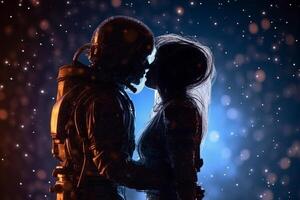 Astronaut kissing his girlfriend in the moonlight. Space background. photo