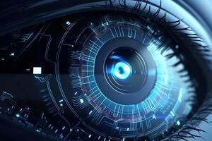 Close up view of eye with digital interface. 3d rendering toned image photo