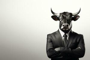 retrato de un toro en un empresario traje y Corbata en un aislado antecedentes. ai generado foto