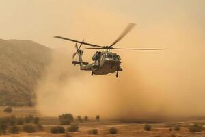 Helicopter in the desert at sunset. Shallow depth of field. photo