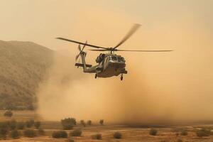 Helicopter in the desert at sunset. Shallow depth of field. Ai Generated photo