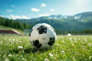 tono habitación central fútbol pelota metido a el campos punto medio ai generado foto