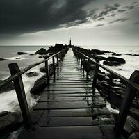 Noir coastal scene, Fishing jetty depicted in evocative black and white tones For Social Media Post Size AI Generated photo