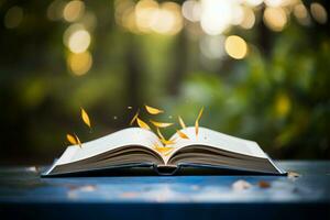 A close up view of an open book set against a natural bokeh background AI Generated photo