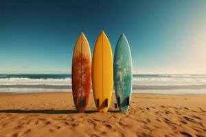 vistoso tablas de surf, arenoso fondo un invitación a paseo el olas ai generado foto