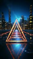 Creative 3D rendering Glowing neon rhombus on a reflective blue banner Vertical Mobile Wallpaper AI Generated photo