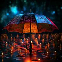 neón paraguas en el lluvia, rígido contraste en contra negro alrededores para social medios de comunicación enviar Talla ai generado foto
