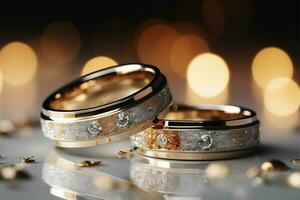 Wedding rings, sparkling on a bokeh background, offer room for text AI Generated photo