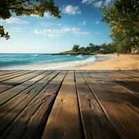 Coastal platform Wooden deck amid blurred beach scenery, ideal for product presentation For Social Media Post Size AI Generated photo