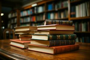 Organized books atop table, library shelves blur an academic backdrop AI Generated photo