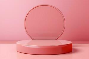 elevado rosado 3d pedestal en un pareo fondo, ideal para belleza ai generado foto
