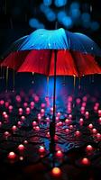 Neon umbrella in the rain, stark contrast against black surroundings Vertical Mobile Wallpaper AI Generated photo