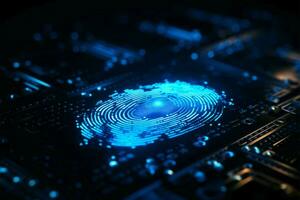 Secure access Fingerprint scan, binary code, deep blue background AI Generated photo