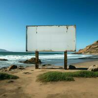 Coastal canvas Unoccupied billboard set against ocean panorama on sandy beach For Social Media Post Size AI Generated photo