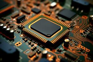 Close up image needed to focus on a PCs printed circuit board AI Generated photo