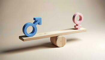 A wooden seesaw with a blue male sign on one end and a pink female sign on the other, perfectly balanced against a neutral background. AI Generative photo