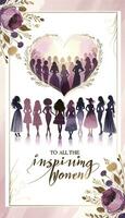 An illustration with silhouettes of diverse women forming a heart shape, accompanied by elegant calligraphy and set against a watercolor background with golden decorative elements. AI Generative photo