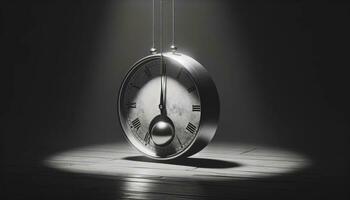 un péndulo reloj en un oscuro configuración, capturar el peso y estancamiento a menudo asociado con depresión. ai generado foto