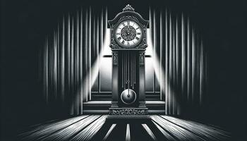 un ilustración de un florido péndulo reloj conjunto en contra un oscuro fondo, capturar el melancólico atmósfera y el emoción de depresión. ai generado foto