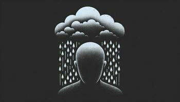 A depiction of a person with a heavy rain cloud above their head, symbolizing the weight of depression and the accompanying sadness. AI Generated photo