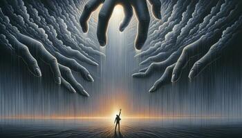 A man reaching up towards the dwindling light of a setting sun, with large, ethereal hands extending from a stormy sky above him. AI Generated photo
