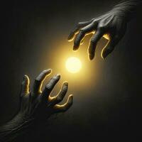 A photo interpretation of hands reaching out from darkness towards a glowing yellow light. AI Generated