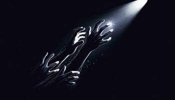 Hands reaching out from engulfing darkness, desperately trying to grasp a glimmer of light, symbolizing feelings of isolation and hope amidst depression. AI Generated photo
