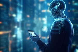 3d rendering humanoid robot with glowing lights in background, future technology concept photo