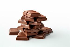 Chocolate bars on white background. Shallow depth of field. Ai Generated photo