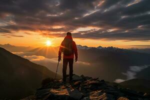 Hiker on the top of the mountain looking at the beautiful landscape sunset Ai Generated photo