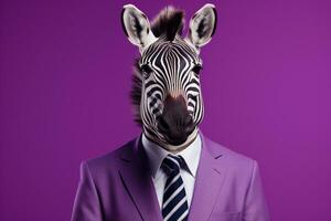 retrato de un cebra en un traje en un púrpura antecedentes ai generado foto