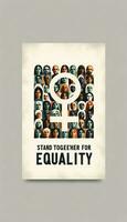 An illustration showcasing a mosaic of faces representing unity in diversity, topped with a large equality sign, and the words Stand Together for Equality below. AI Generative photo